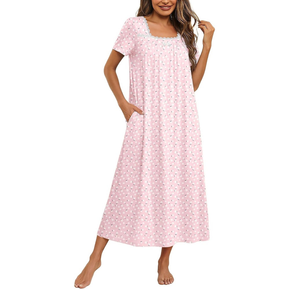 image:imageEkouaer Cotton Long Nightgowns for Women Vintage House Dress with PocketsPink Floral