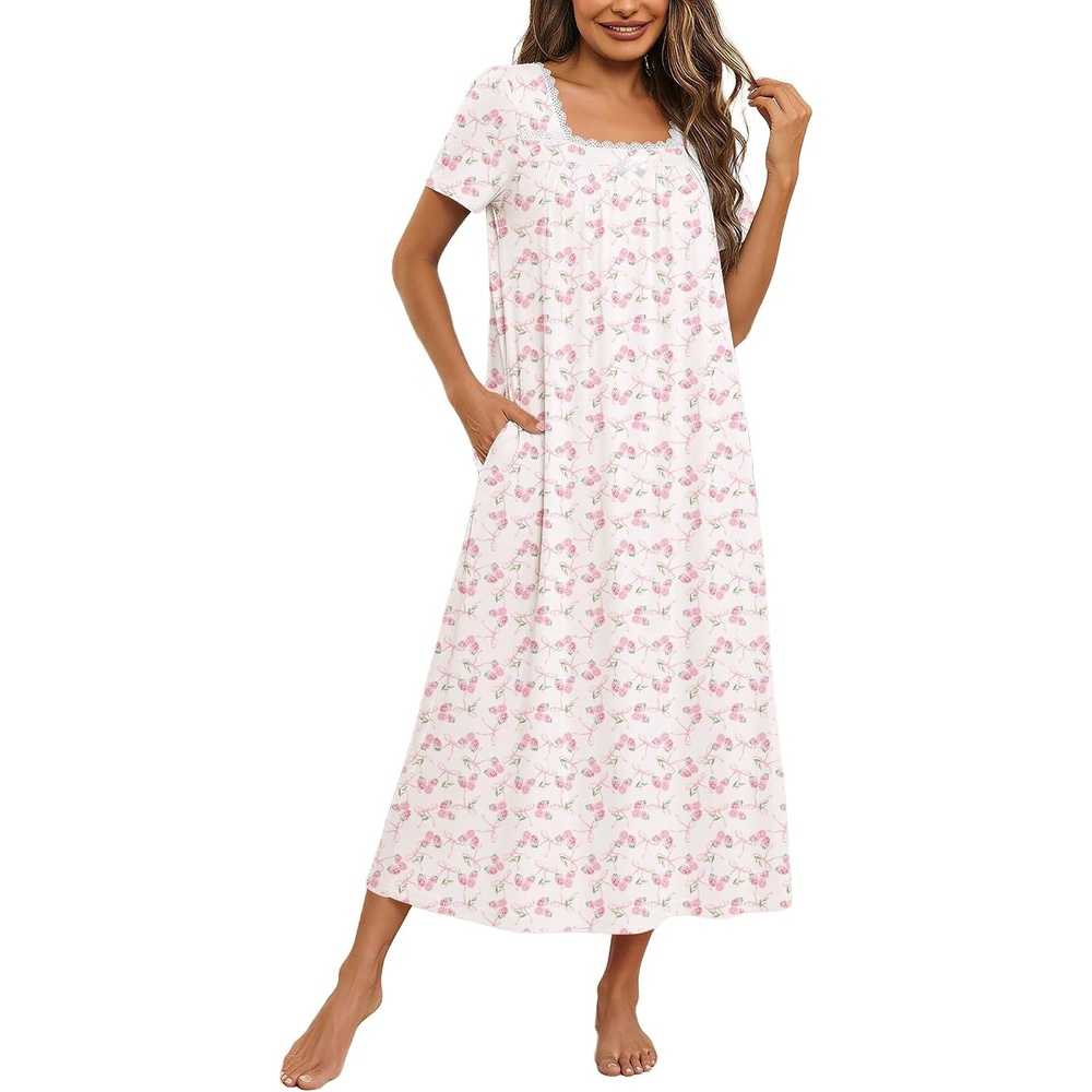 image:imageEkouaer Cotton Long Nightgowns for Women Vintage House Dress with PocketsPink Flower