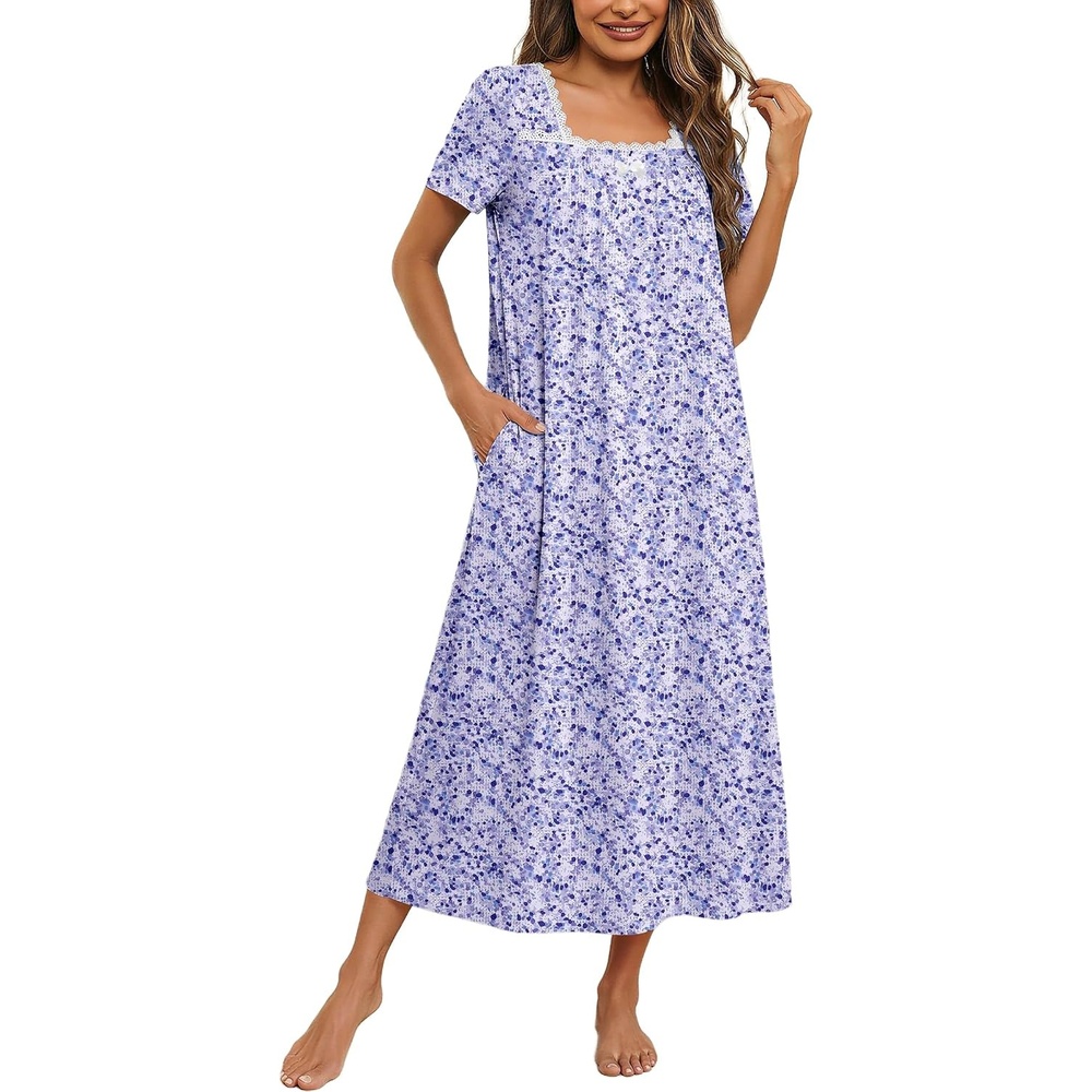 image:imageEkouaer Cotton Long Nightgowns for Women Vintage House Dress with PocketsPurple Speckle