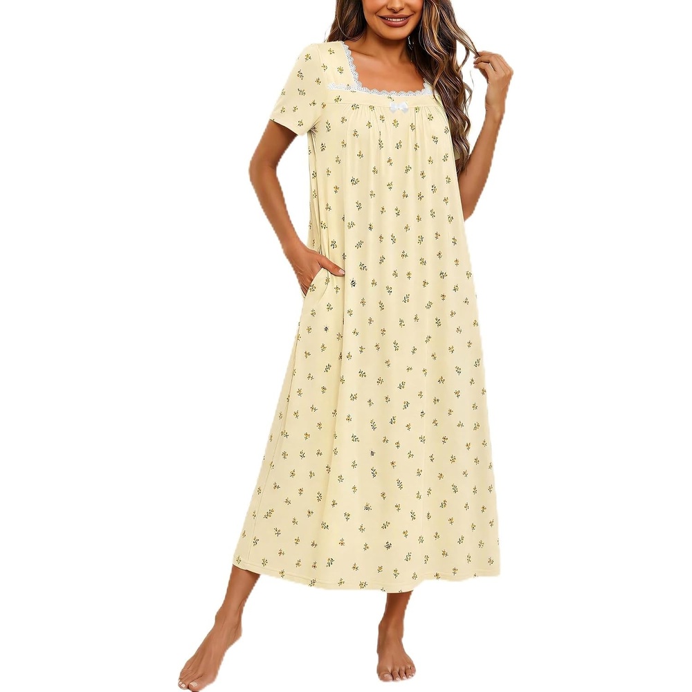 image:imageEkouaer Cotton Long Nightgowns for Women Vintage House Dress with PocketsYellow Bee