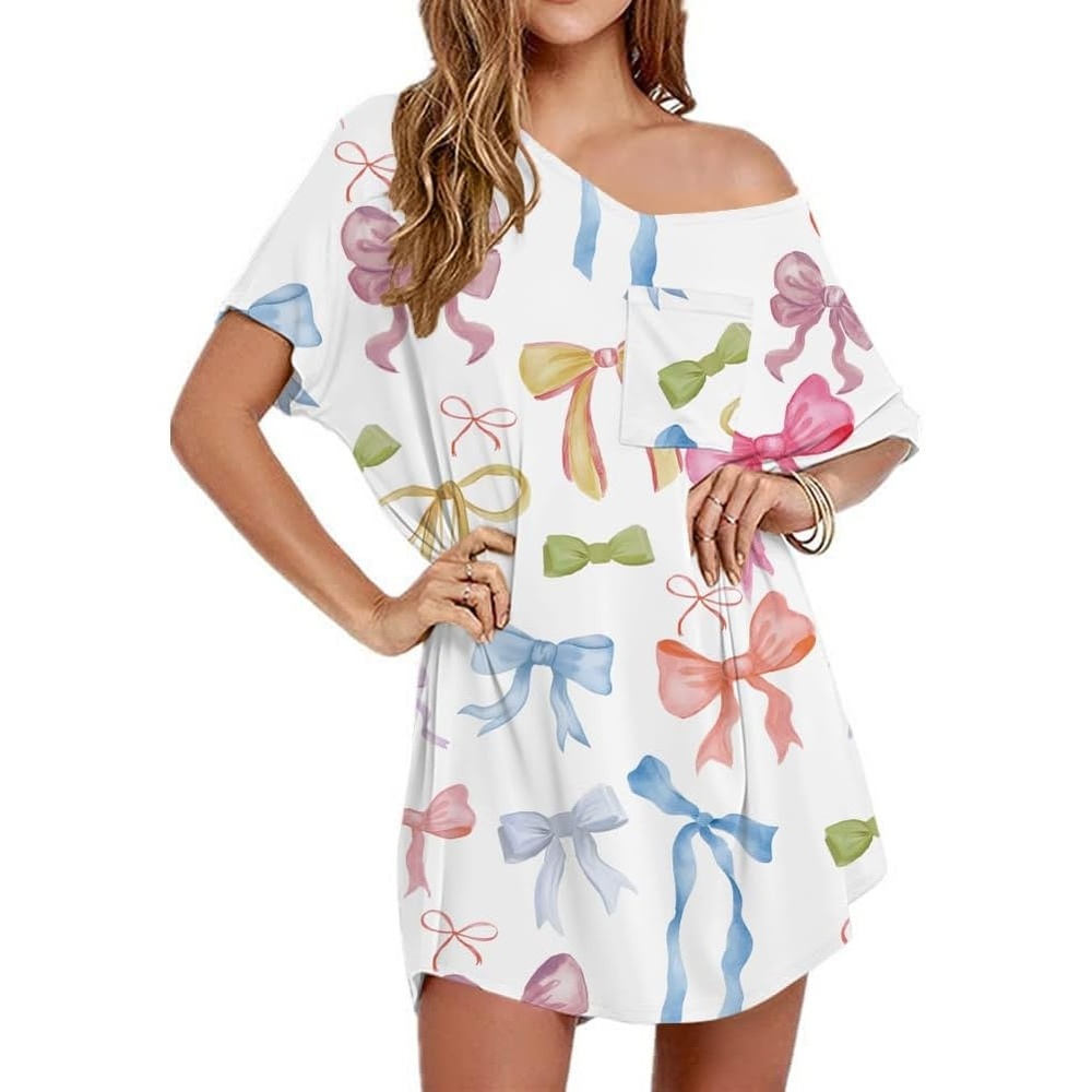image:imageEkouaer Cotton Nightgowns for Women Oversized Sleep Shirt Tshirt Night GownWhite Colorful Bow