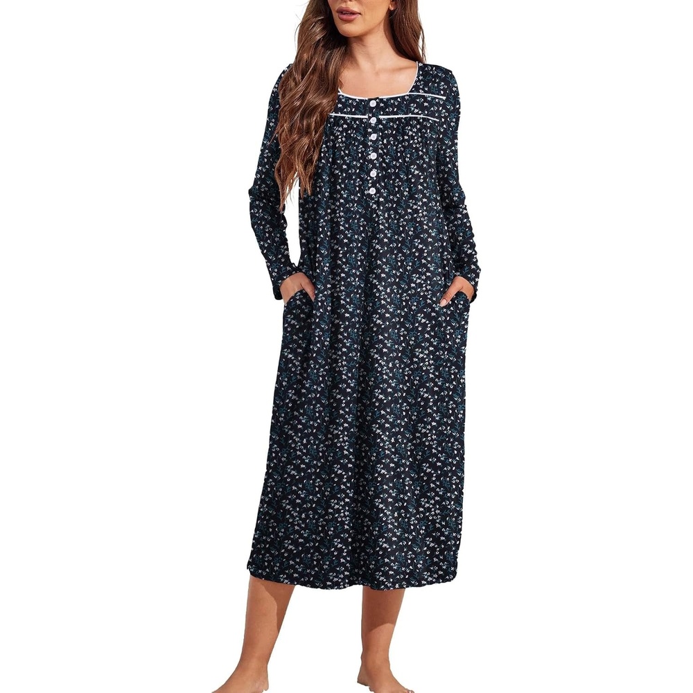 image:imageEkouaer Long Sleeve Nightgowns for Women Sleep Shirt Henley Sleep DressBlack and Green