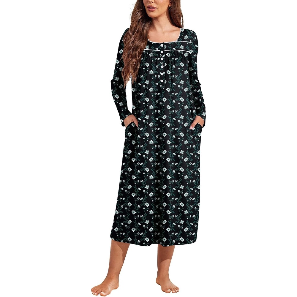 image:imageEkouaer Long Sleeve Nightgowns for Women Sleep Shirt Henley Sleep DressNavy Florals