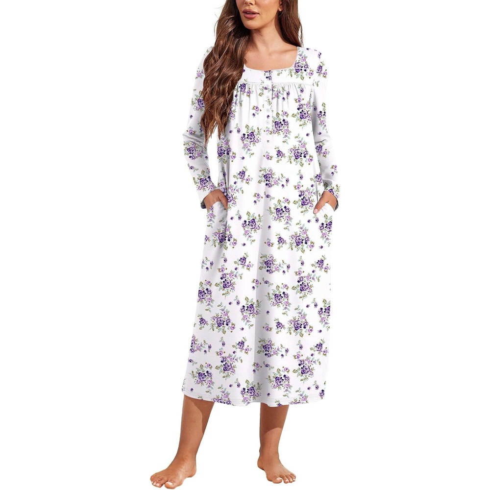 image:imageEkouaer Long Sleeve Nightgowns for Women Sleep Shirt Henley Sleep DressWhite Purple Flower
