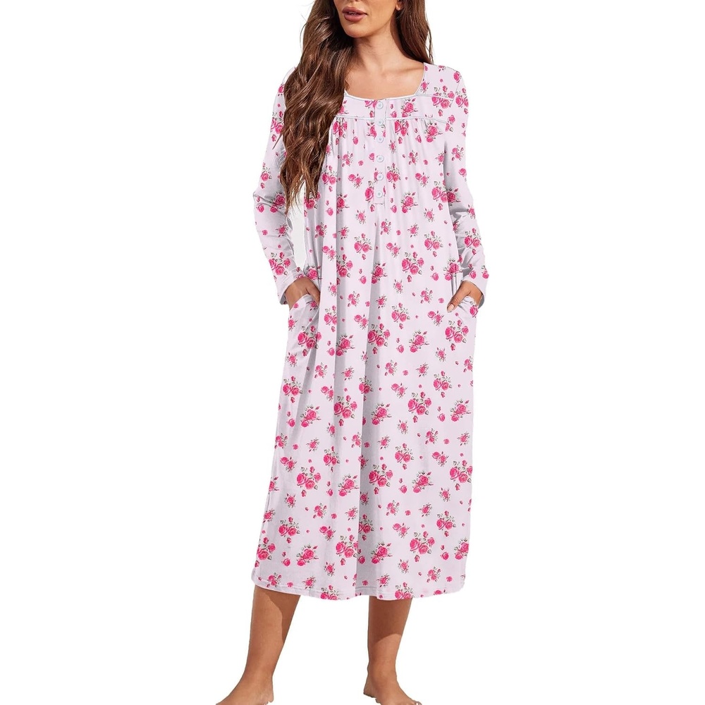 image:imageEkouaer Long Sleeve Nightgowns for Women Sleep Shirt Henley Sleep DressWhite and Pink