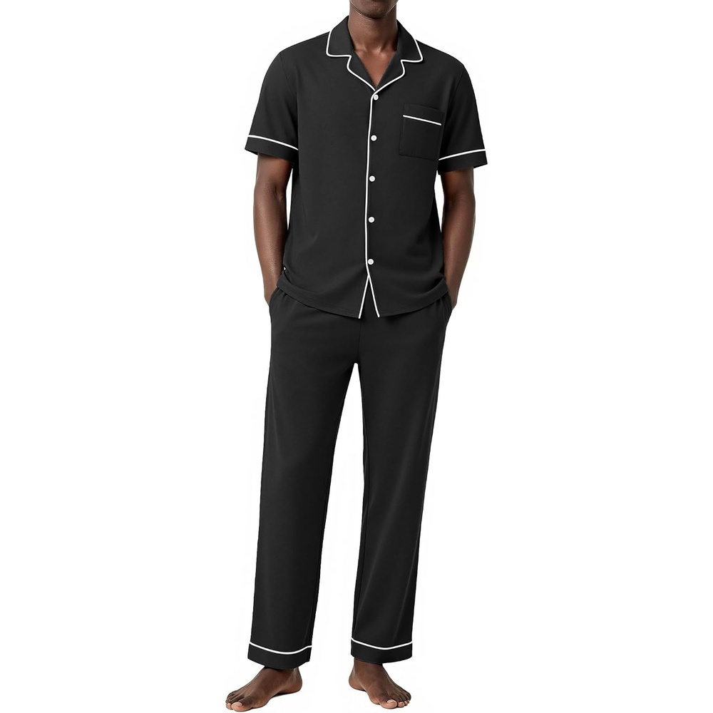 image:imageEkouaer Mens Cotton Pajama Set Short Sleeve Button Down Sleepwear PjsBlack