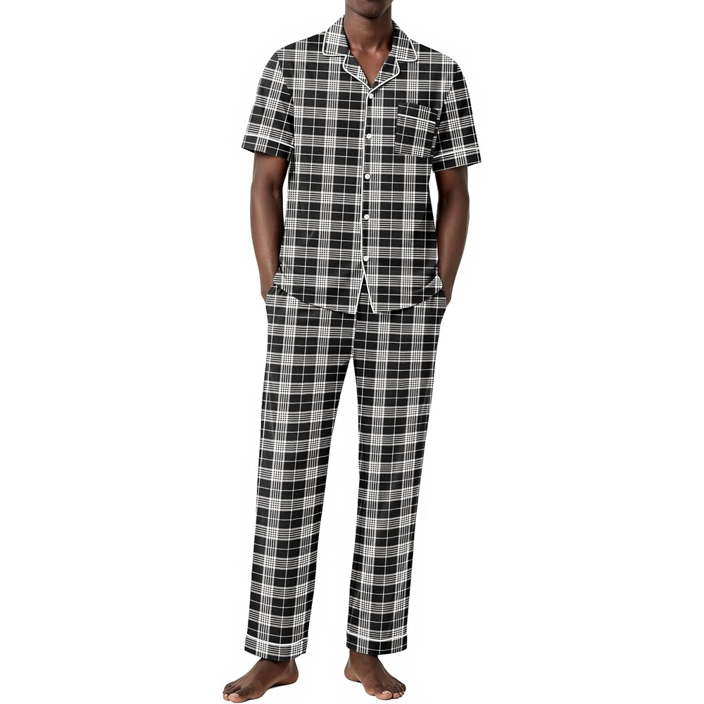 image:imageEkouaer Mens Cotton Pajama Set Short Sleeve Button Down Sleepwear PjsBlackWhite Plaid