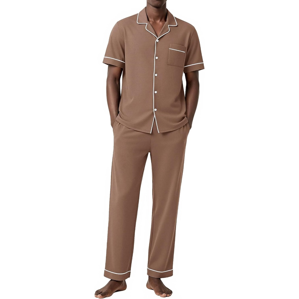 image:imageEkouaer Mens Cotton Pajama Set Short Sleeve Button Down Sleepwear PjsBrown