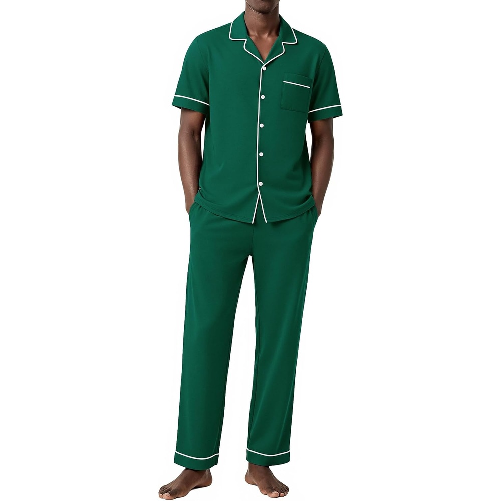 image:imageEkouaer Mens Cotton Pajama Set Short Sleeve Button Down Sleepwear PjsEvergreen