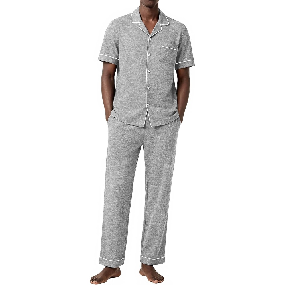 image:imageEkouaer Mens Cotton Pajama Set Short Sleeve Button Down Sleepwear PjsLight Gray