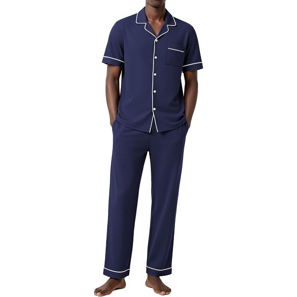 image:imageEkouaer Mens Cotton Pajama Set Short Sleeve Button Down Sleepwear PjsNavy Blue
