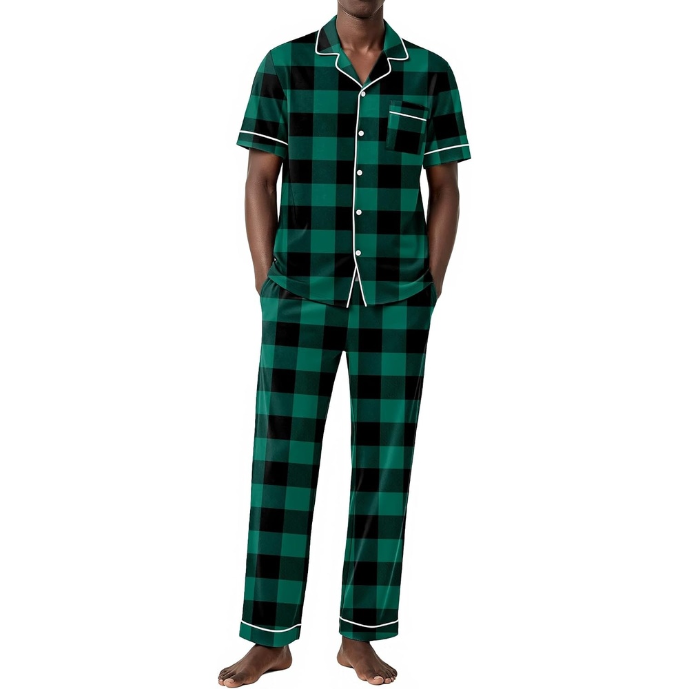 image:imageEkouaer Mens Cotton Pajama Set Short Sleeve Button Down Sleepwear PjsPlaidGreen and Black