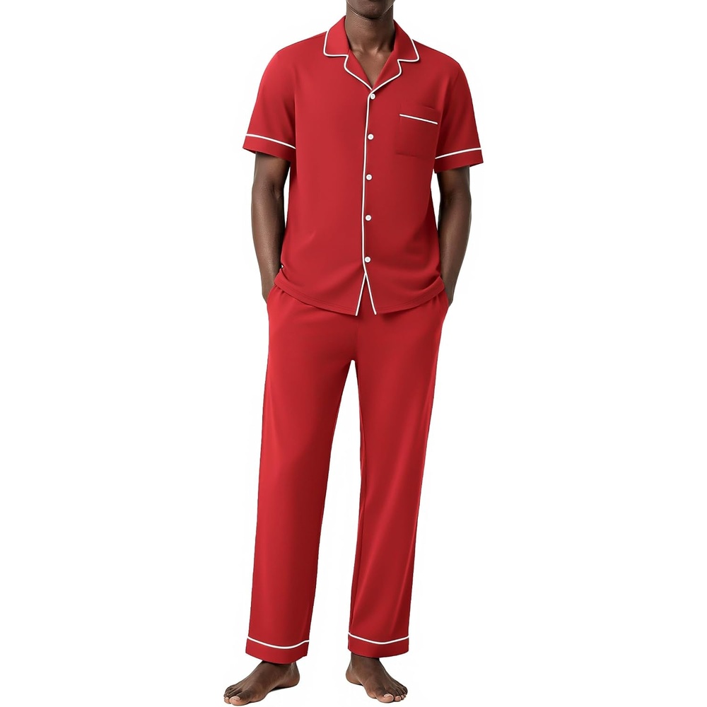 image:imageEkouaer Mens Cotton Pajama Set Short Sleeve Button Down Sleepwear PjsRed