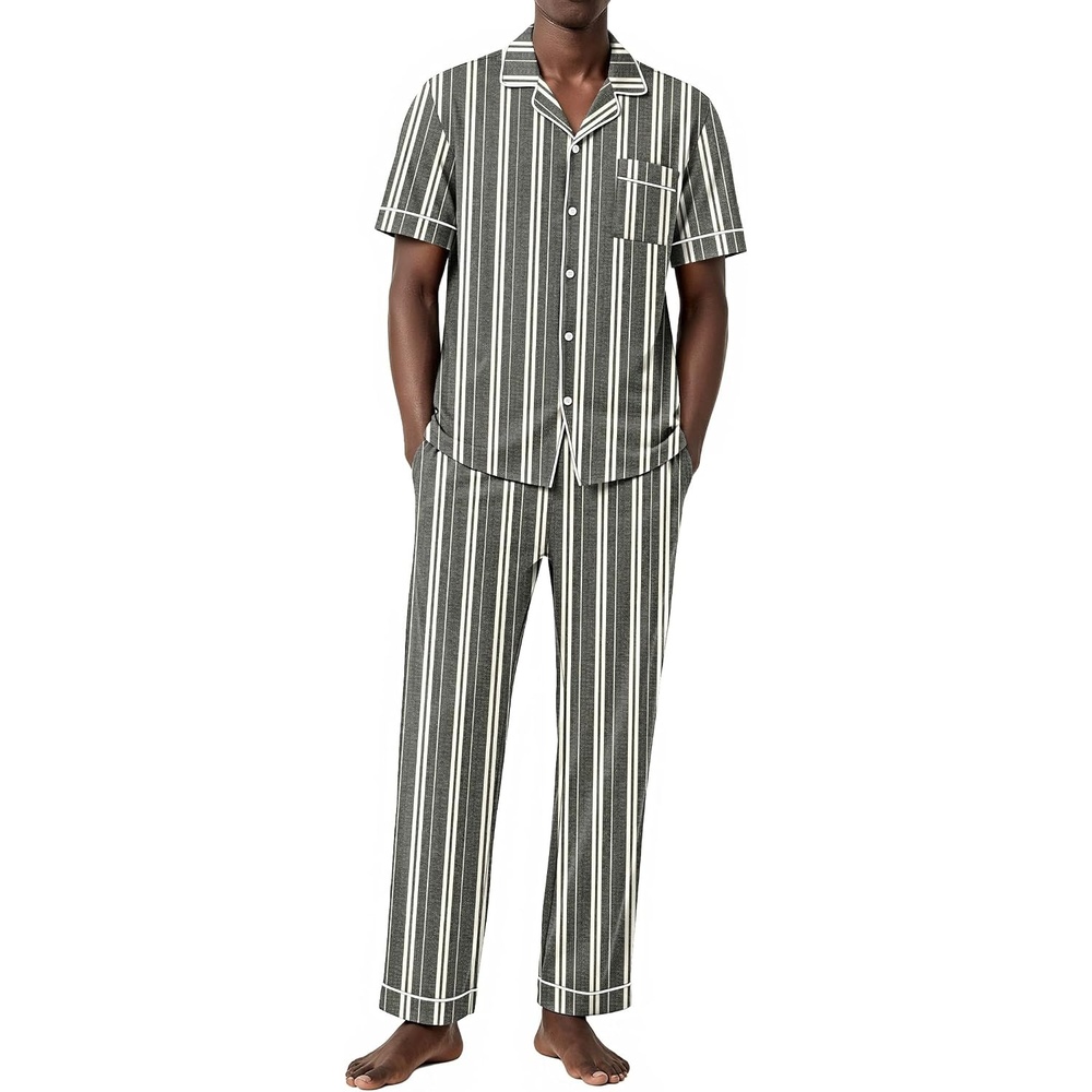 image:imageEkouaer Mens Cotton Pajama Set Short Sleeve Button Down Sleepwear PjsStripedDark Grey Apricot
