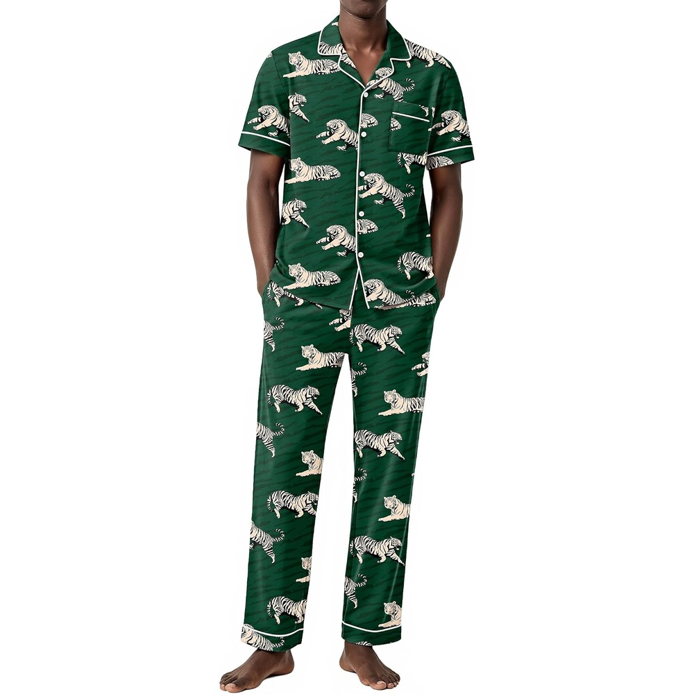 image:imageEkouaer Mens Cotton Pajama Set Short Sleeve Button Down Sleepwear PjsTigerGreen