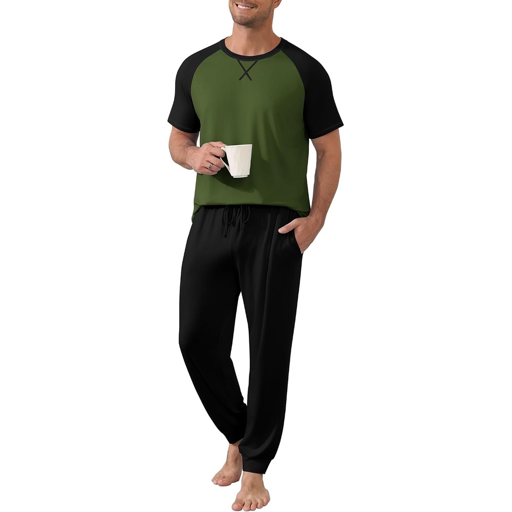 image:imageEkouaer Mens Pajama Set Short Sleeve Pjs with Pant 2 Piece Lounge Set S3XLArmy Green Black