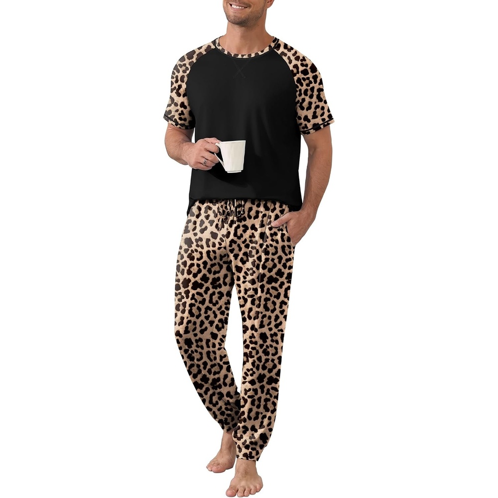 image:imageEkouaer Mens Pajama Set Short Sleeve Pjs with Pant 2 Piece Lounge Set S3XLBlack Leopard