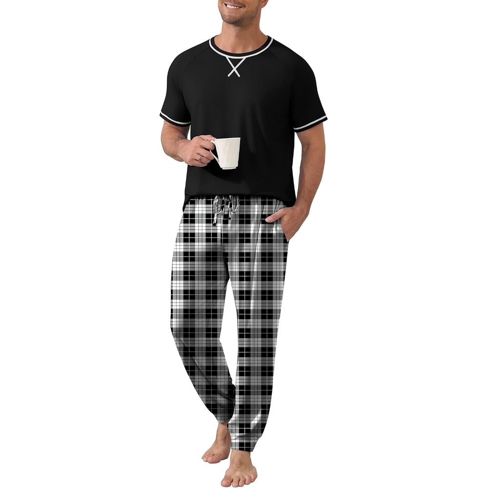image:imageEkouaer Mens Pajama Set Short Sleeve Pjs with Pant 2 Piece Lounge Set S3XLBlackwhite Plaid