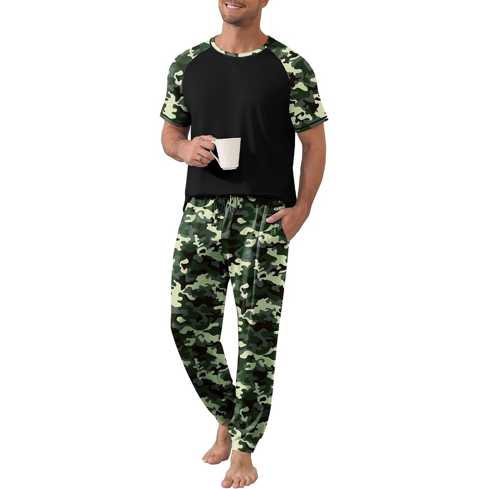 image:imageEkouaer Mens Pajama Set Short Sleeve Pjs with Pant 2 Piece Lounge Set S3XLCamo Black