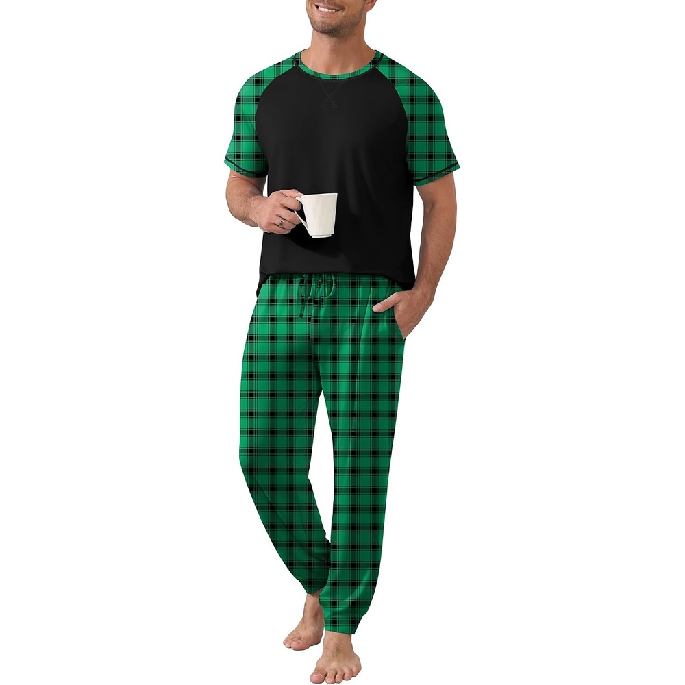 image:imageEkouaer Mens Pajama Set Short Sleeve Pjs with Pant 2 Piece Lounge Set S3XLGreenblack Plaid