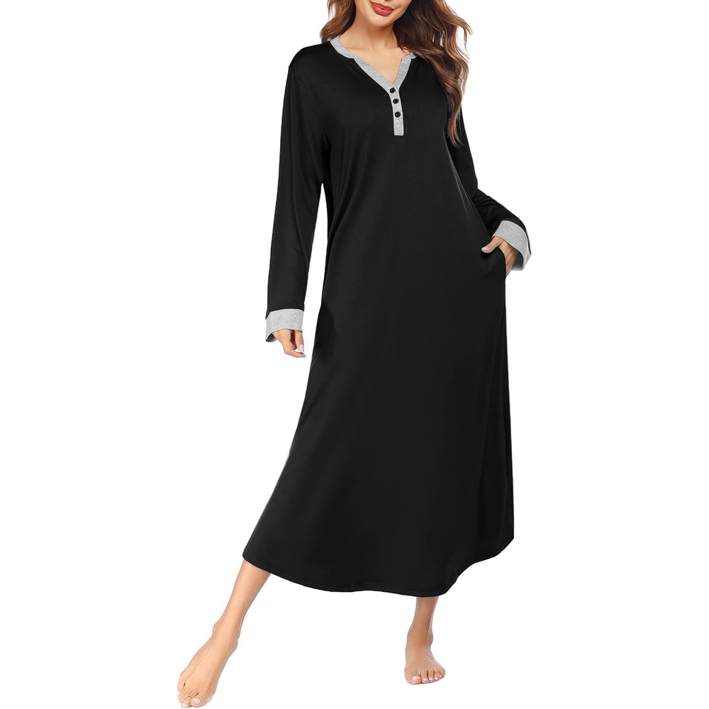 image:imageEkouaer Nightgowns for Women Long Sleeve Winter Night Gown with PocketsBlack