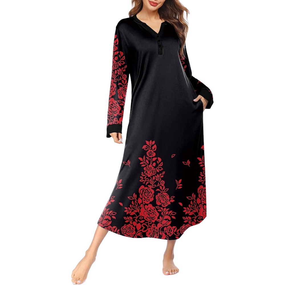 image:imageEkouaer Nightgowns for Women Long Sleeve Winter Night Gown with PocketsBlack Red Flower