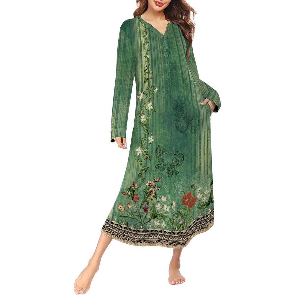 image:imageEkouaer Nightgowns for Women Long Sleeve Winter Night Gown with PocketsGreen Floral