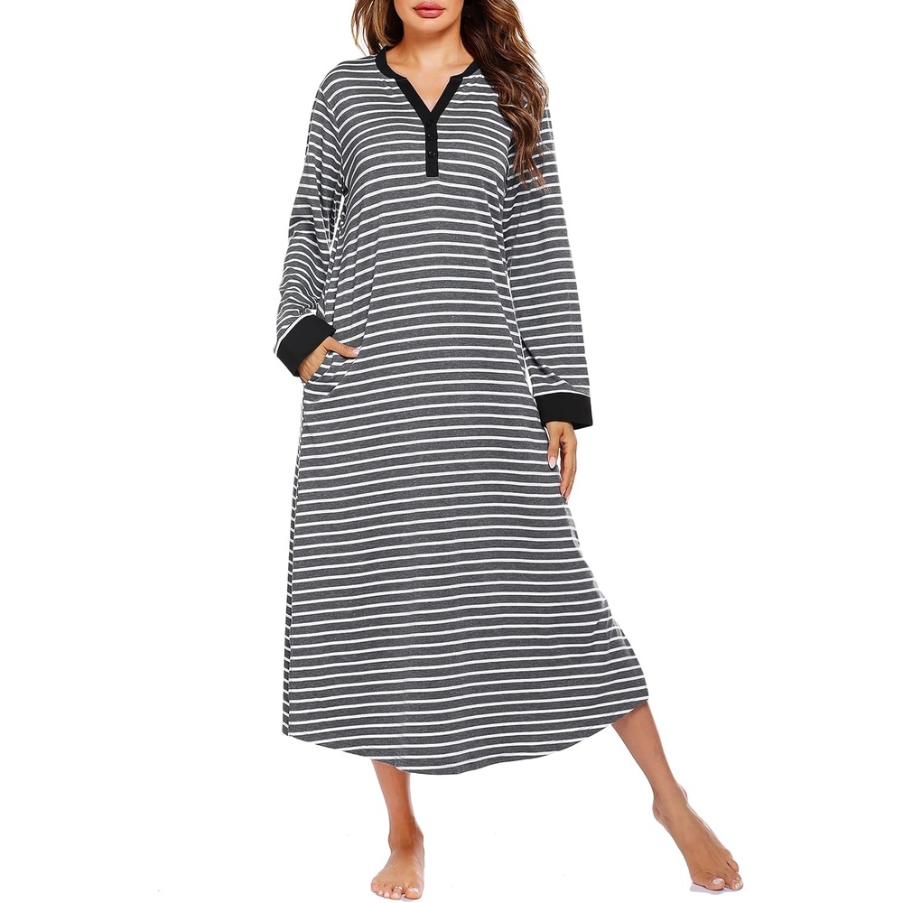 image:imageEkouaer Nightgowns for Women Long Sleeve Winter Night Gown with PocketsGrey White Striped