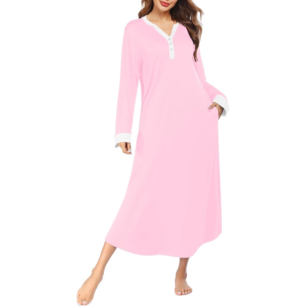 image:imageEkouaer Nightgowns for Women Long Sleeve Winter Night Gown with PocketsLight Pink