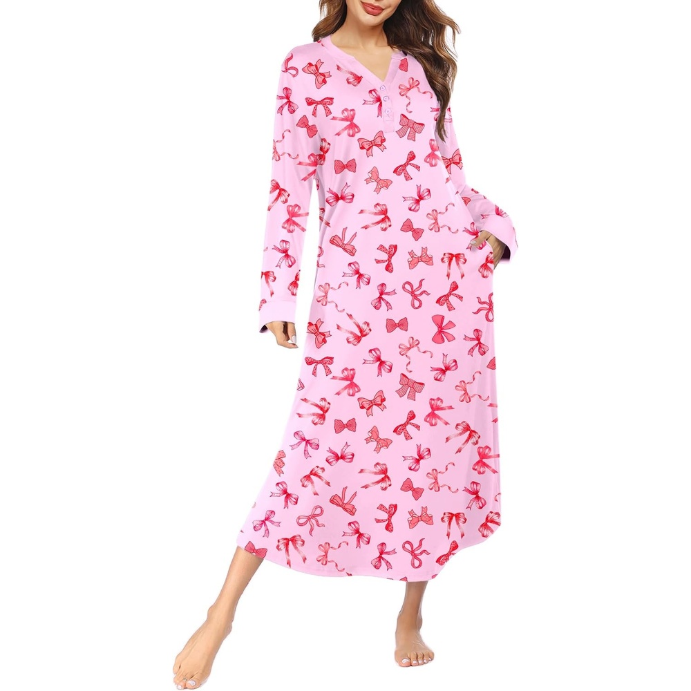 image:imageEkouaer Nightgowns for Women Long Sleeve Winter Night Gown with PocketsPink Bow