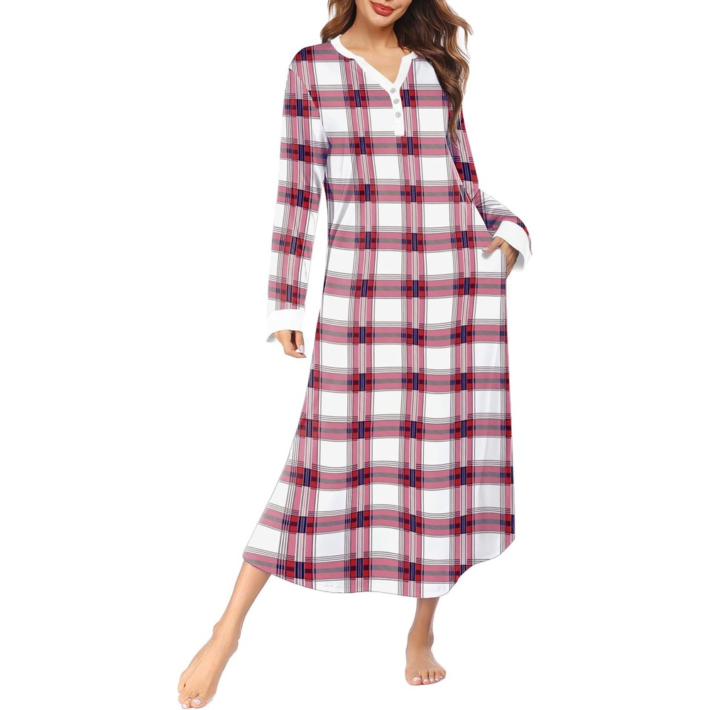 image:imageEkouaer Nightgowns for Women Long Sleeve Winter Night Gown with PocketsWhite Plaid