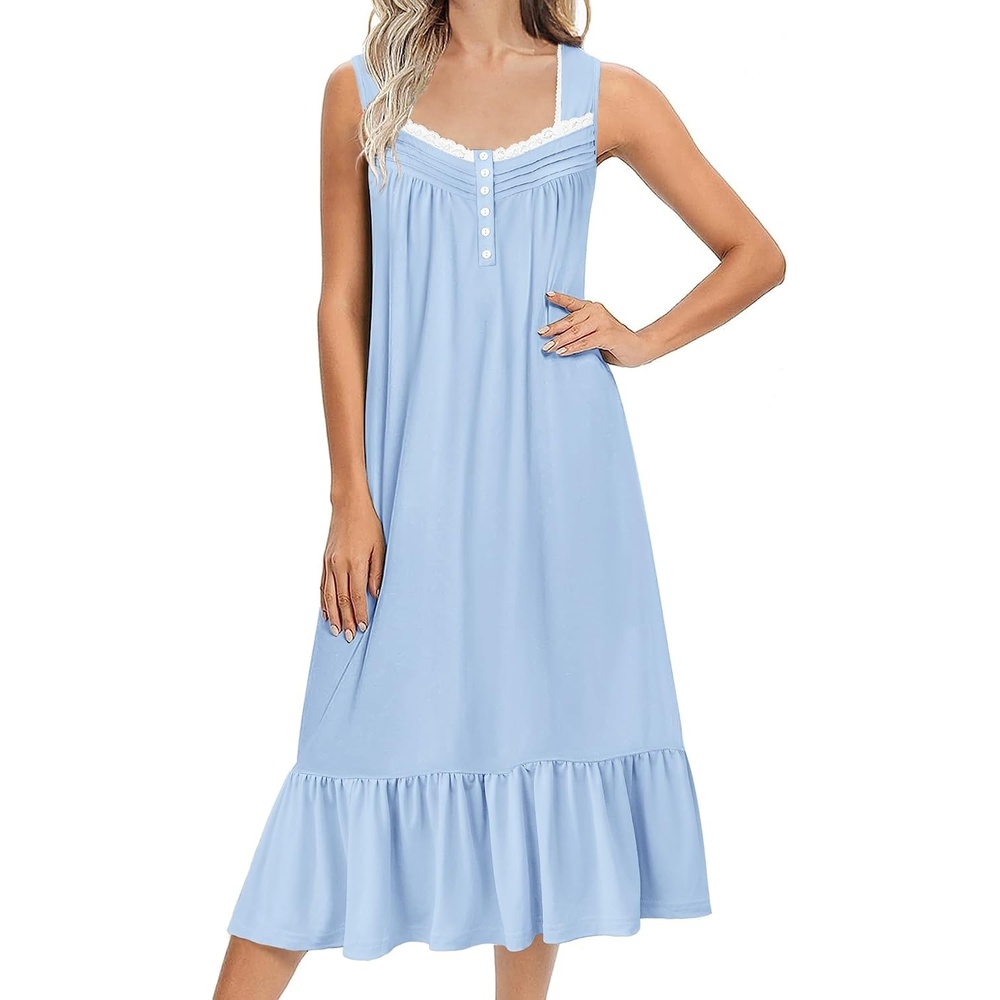 image:imageEkouaer Nightgowns for Women Long Sleeveless Night Gown Button SleepshirtLight Blue