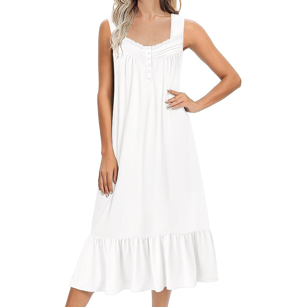image:imageEkouaer Nightgowns for Women Long Sleeveless Night Gown Button SleepshirtWhite