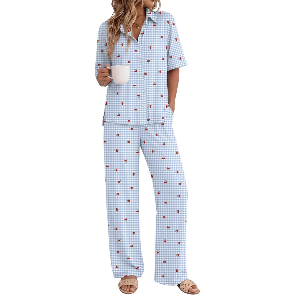 image:imageEkouaer Pajamas for Women Set Button Up Short Sleeve Pjs with Long PantsBlue Gingham Cherry