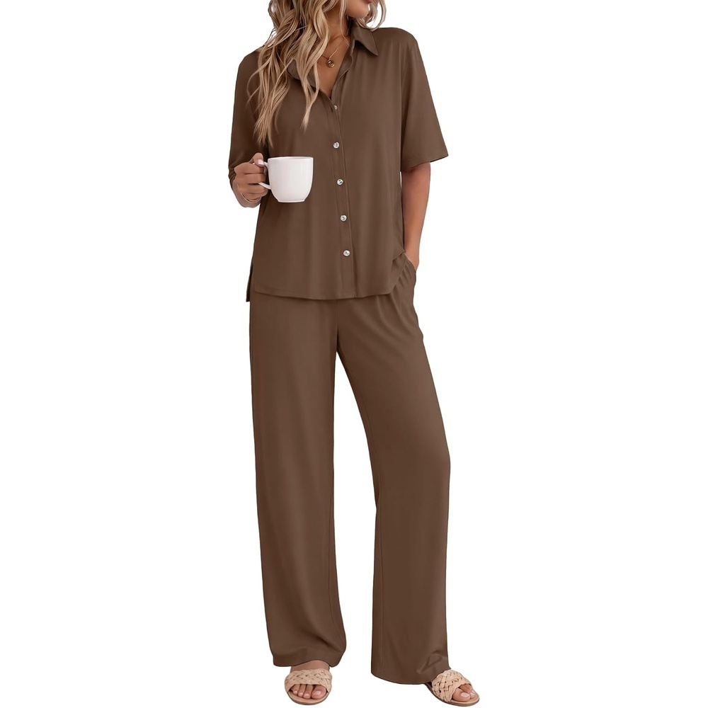 image:imageEkouaer Pajamas for Women Set Button Up Short Sleeve Pjs with Long PantsBrown