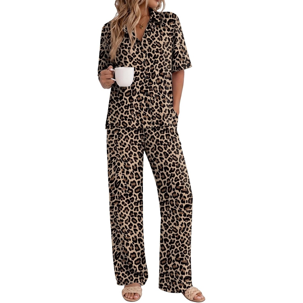 image:imageEkouaer Pajamas for Women Set Button Up Short Sleeve Pjs with Long PantsBrown Leopard