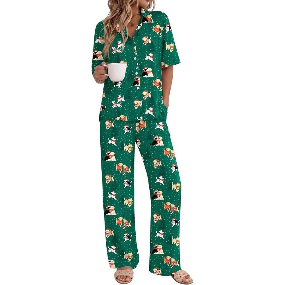 image:imageEkouaer Pajamas for Women Set Button Up Short Sleeve Pjs with Long PantsChristmas Green Puppy