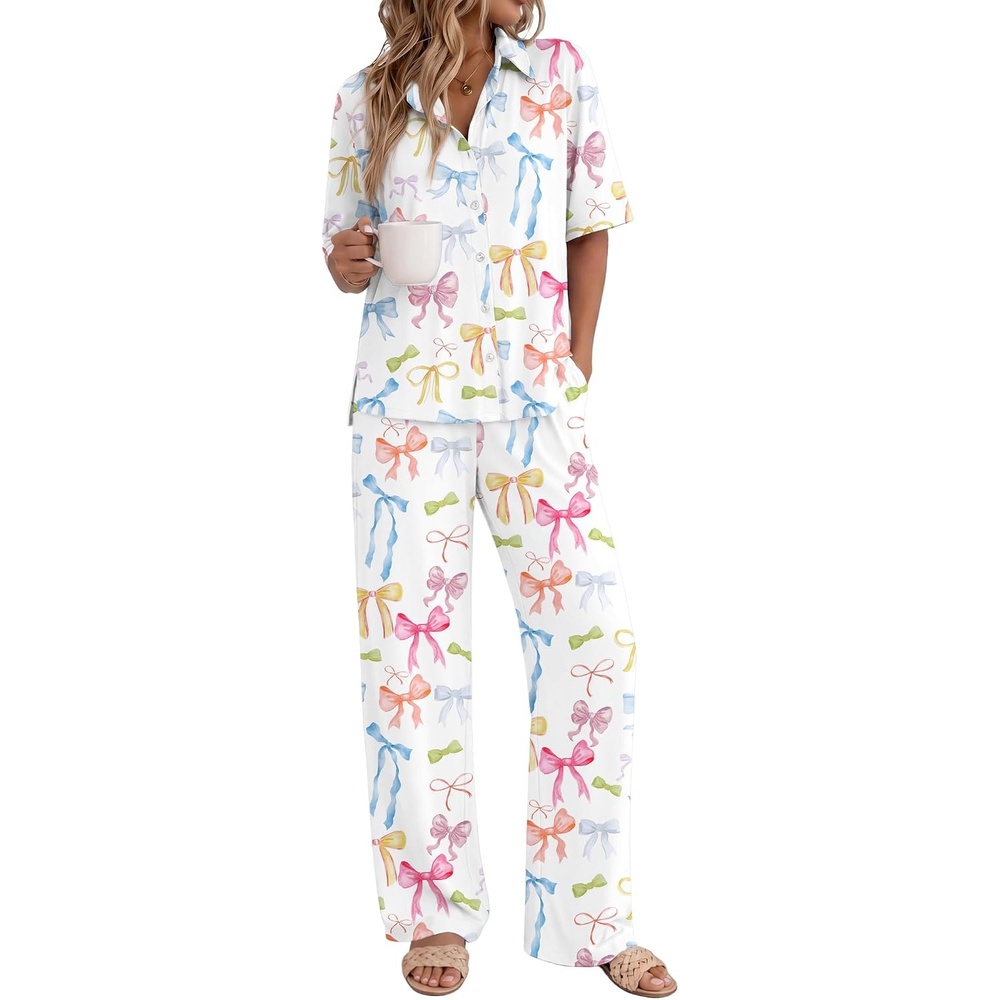 image:imageEkouaer Pajamas for Women Set Button Up Short Sleeve Pjs with Long PantsColorful Bow