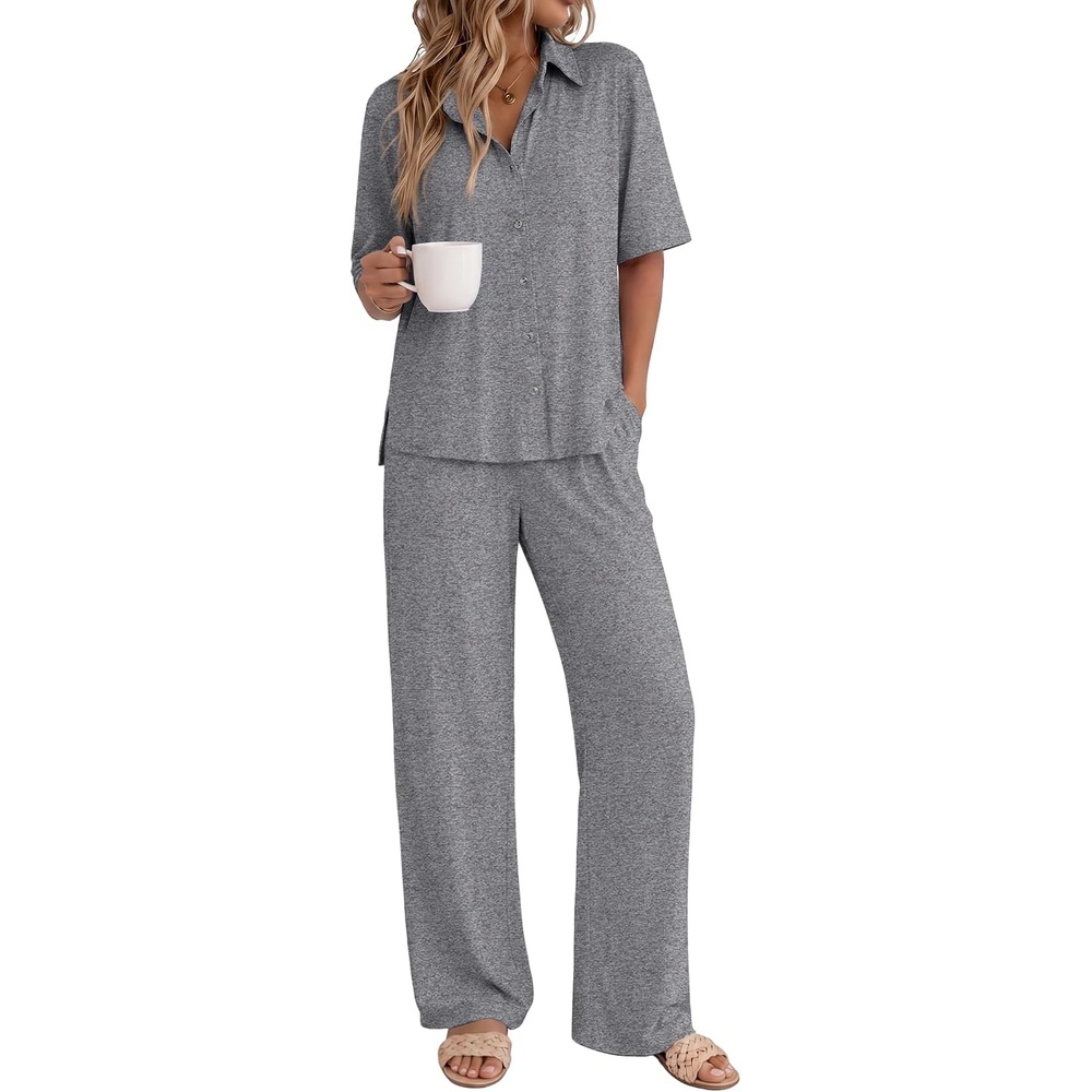 image:imageEkouaer Pajamas for Women Set Button Up Short Sleeve Pjs with Long PantsGrey