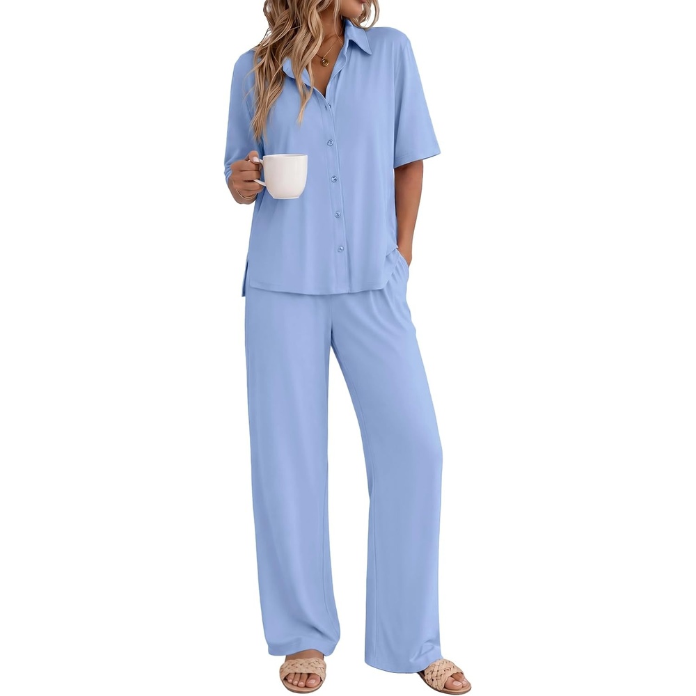 image:imageEkouaer Pajamas for Women Set Button Up Short Sleeve Pjs with Long PantsLight Blue