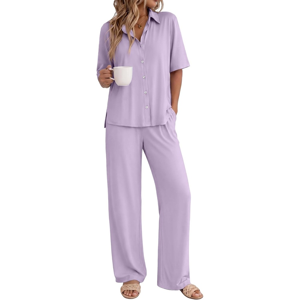image:imageEkouaer Pajamas for Women Set Button Up Short Sleeve Pjs with Long PantsPale Purple