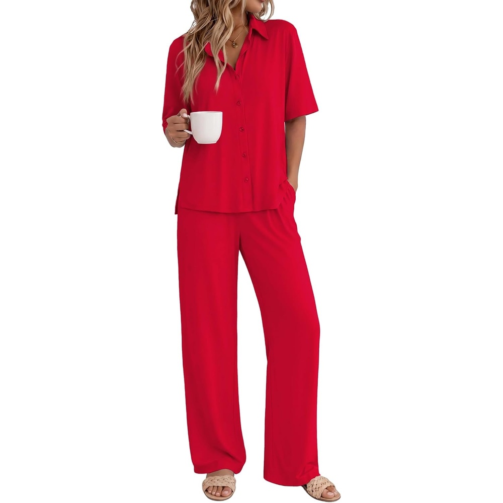 image:imageEkouaer Pajamas for Women Set Button Up Short Sleeve Pjs with Long PantsRed
