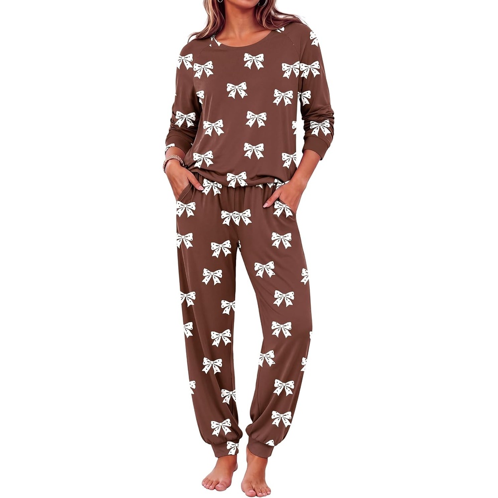 image:imageEkouaer Pajamas for Women Set Long Sleeve Pjs Soft 2 Piece Cozy LoungewearBow Brown