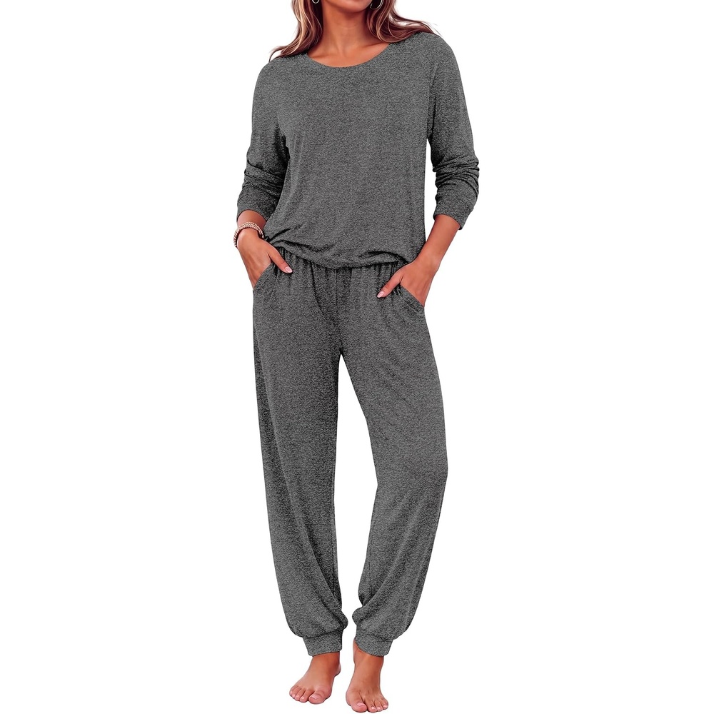image:imageEkouaer Pajamas for Women Set Long Sleeve Pjs Soft 2 Piece Cozy LoungewearDark Gray