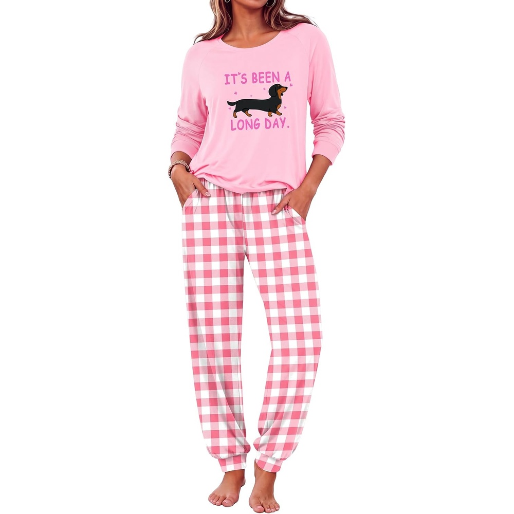 image:imageEkouaer Pajamas for Women Set Long Sleeve Pjs Soft 2 Piece Cozy LoungewearDog Pink Plaid