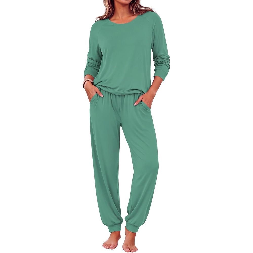 image:imageEkouaer Pajamas for Women Set Long Sleeve Pjs Soft 2 Piece Cozy LoungewearGreen
