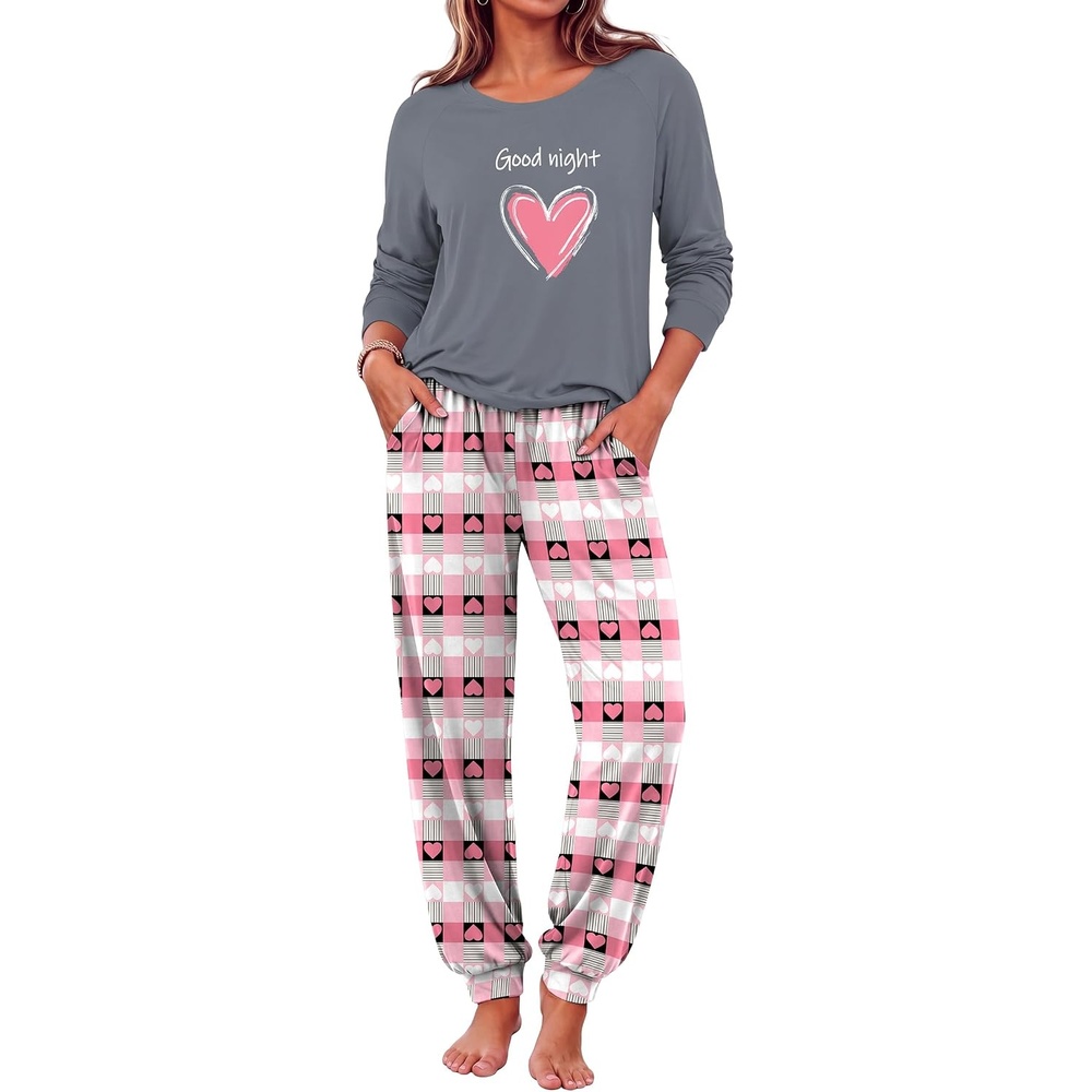 image:imageEkouaer Pajamas for Women Set Long Sleeve Pjs Soft 2 Piece Cozy LoungewearHeart Pink Black Plaid