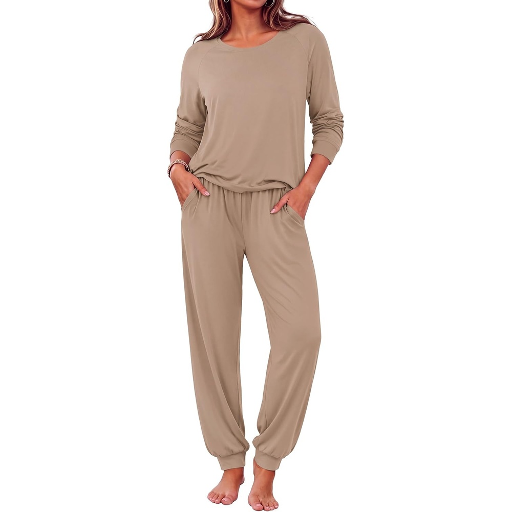 image:imageEkouaer Pajamas for Women Set Long Sleeve Pjs Soft 2 Piece Cozy LoungewearKhaki