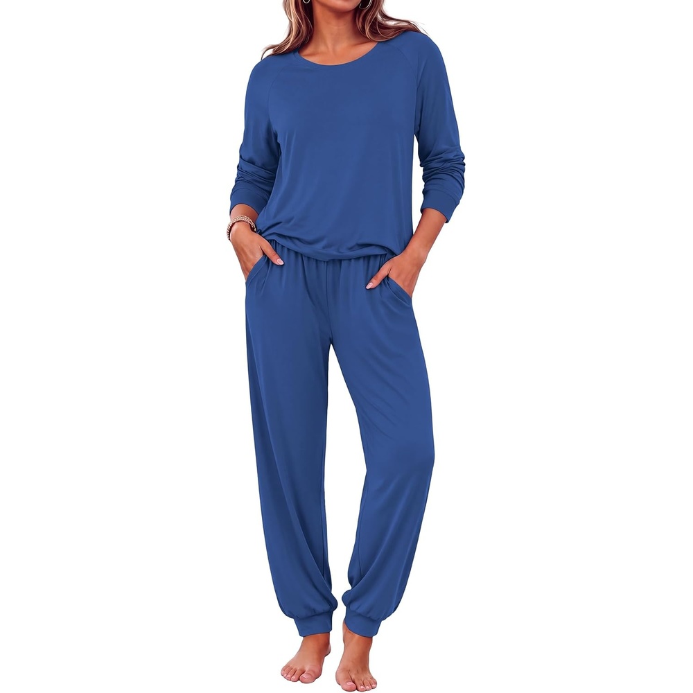 image:imageEkouaer Pajamas for Women Set Long Sleeve Pjs Soft 2 Piece Cozy LoungewearNavy Blue