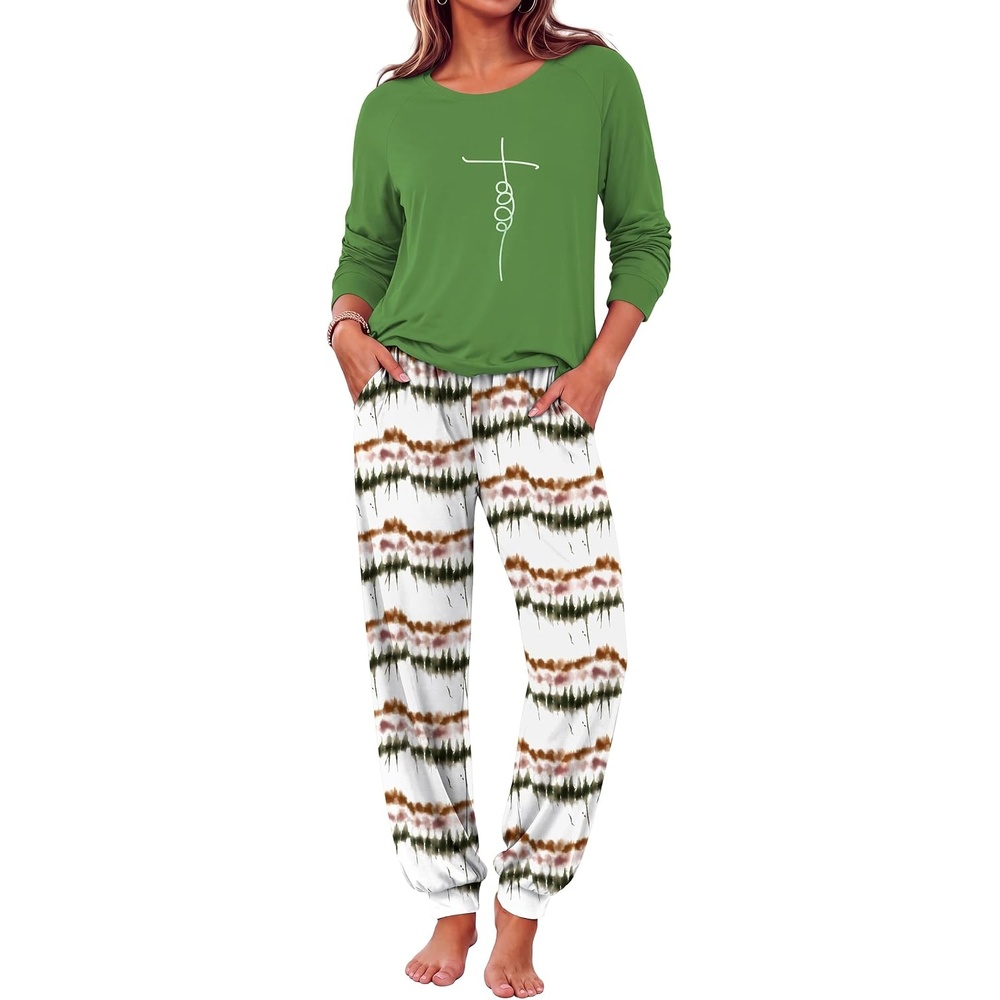 image:imageEkouaer Pajamas for Women Set Long Sleeve Pjs Soft 2 Piece Cozy LoungewearOmbre Green